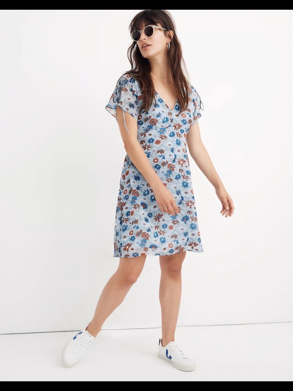 Madewell Blue Floral V-Neck Mini Dress with Rust Accents - Picture 3 of 11